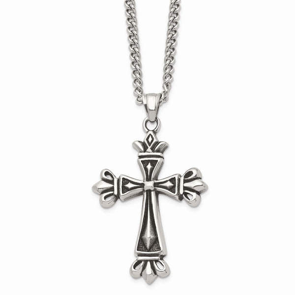Stainless Steel Polished & Antiqued Cross 24in Necklace