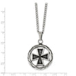 Stainless Steel Polished & Antiqued Cross in Circle 22in Necklace