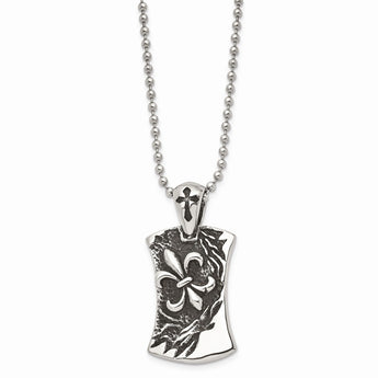 Stainless Steel Antiqued Fleur de lis Dog Tag 22in Necklace