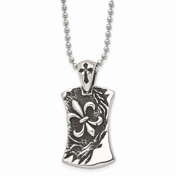 Stainless Steel Antiqued Fleur de lis Dog Tag 22in Necklace