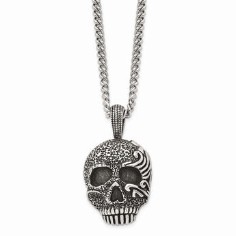 Stainless Steel Antiqued & Textured Skull 24in Necklace