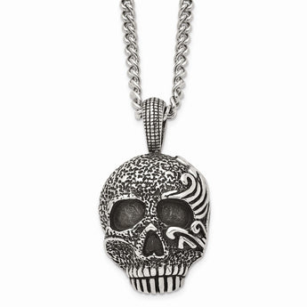 Stainless Steel Antiqued & Textured Skull 24in Necklace