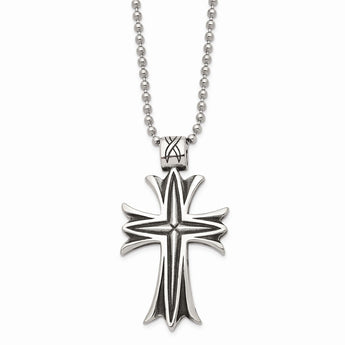 Stainless Steel Polished & Antiqued Cross 24in Necklace