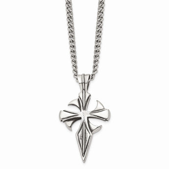 Stainless Steel Polished & Antiqued Dagger Cross 22in Necklace