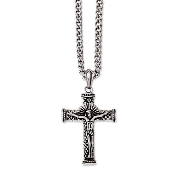 Stainless Steel Antiqued & Polished Crucifix 24in Necklace