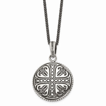 Stainless Steel Polished & Antiqued Cross Circle 22in Necklace