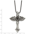 Stainless Steel Antiqued Cross w/Wings & Black Stone 24in Necklace