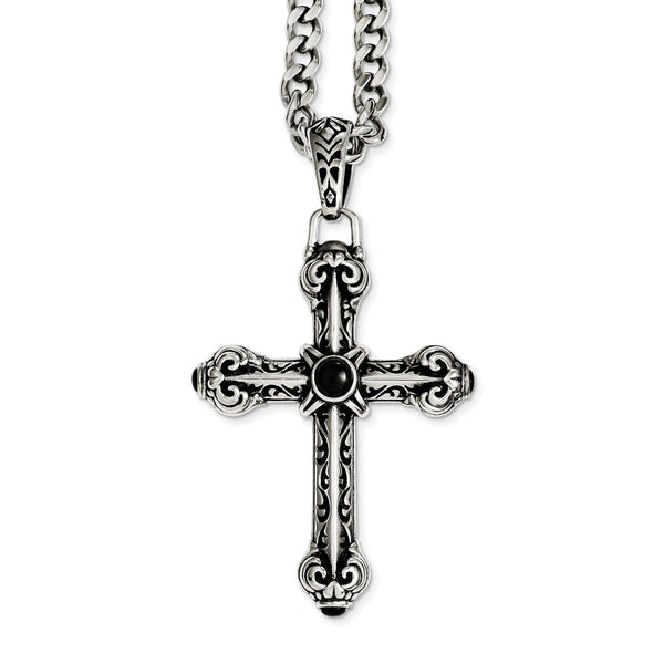 Stainless Steel Antiqued Cross w/Synthetic Black Agate 24in Necklace