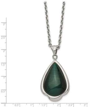 Stainless Steel Synthetic Green Cats Eye Teardrop 20in Necklace