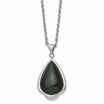 Stainless Steel Synthetic Green Cats Eye Teardrop 20in Necklace