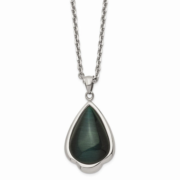 Stainless Steel Synthetic Green Cats Eye Teardrop 20in Necklace
