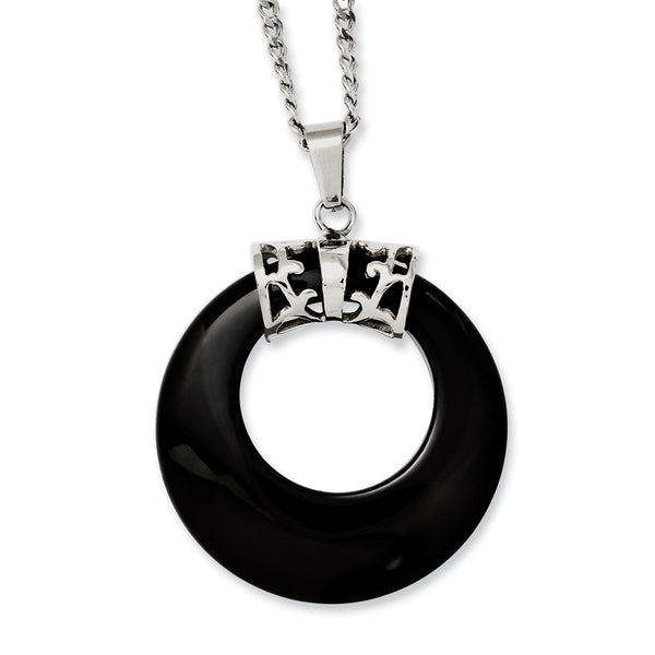 Stainless Steel Synthetic Black Agate Circle Necklace