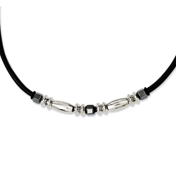 Stainless Steel Leather Polished & Hematite Beads 16.5in Necklace