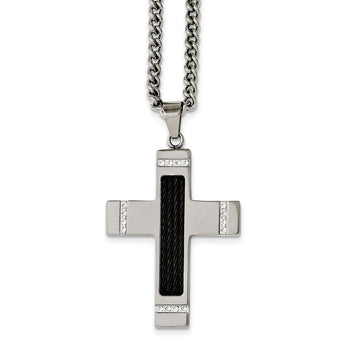 Stainless Steel Black IP-plated Wire w/CZs Cross 24in Necklace