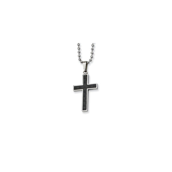 Stainless Steel Polished w/Carbon Fiber Inlay Cross 22in Necklace