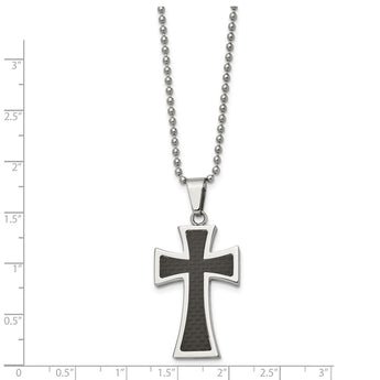 Stainless Steel Polished Carbon Fiber Inlay 22in Cross Necklace