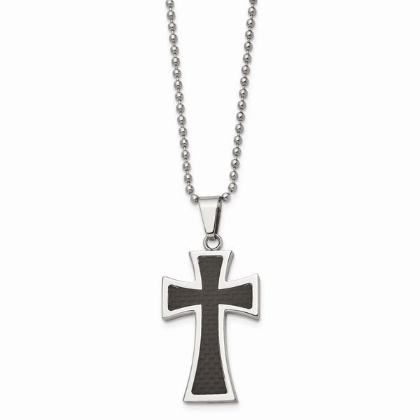 Stainless Steel Polished Carbon Fiber Inlay 22in Cross Necklace