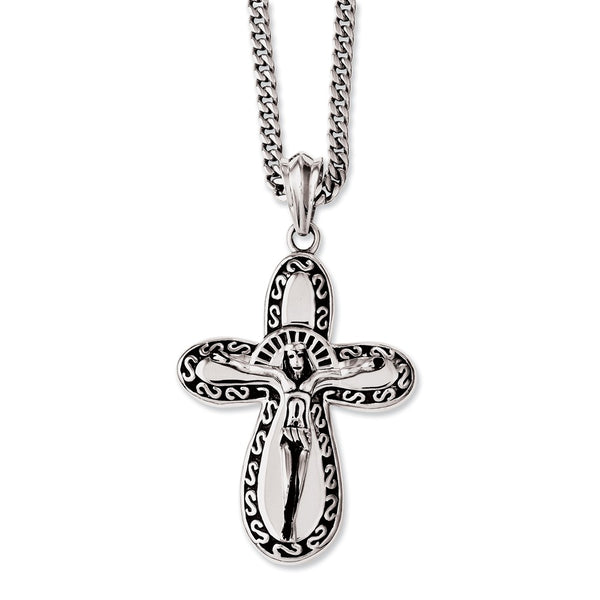 Stainless Steel Antiqued & Polished Crucifix 24in Necklace