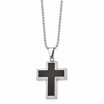 Stainless Steel Polished w/Carbon Fiber Inlay Cross 22in Necklace