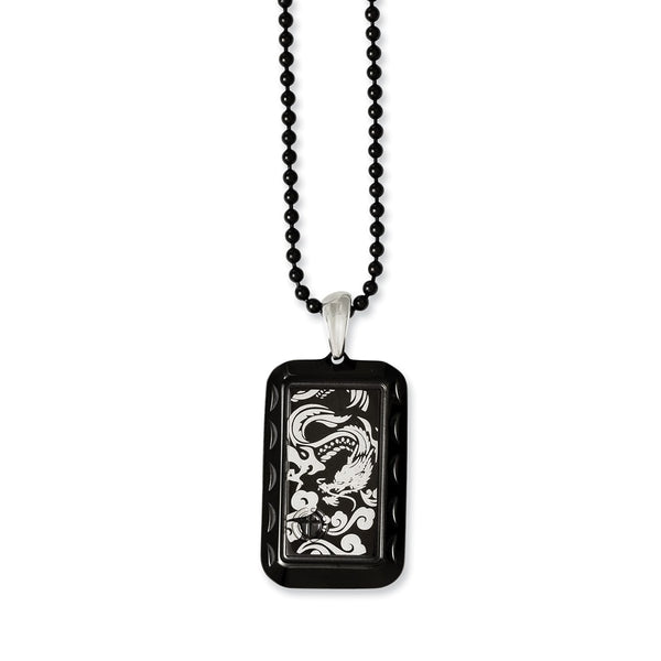 Stainless Steel Black IP-plated w/Dragon Dog Tag 20in Necklace
