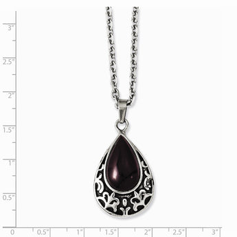 Stainless Steel Antiqued & Purple Cat's Eye Teardrop 20in Necklace