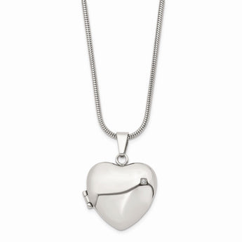 Stainless Steel Polished Heart w/CZ Magnetic Locket 20in Necklace