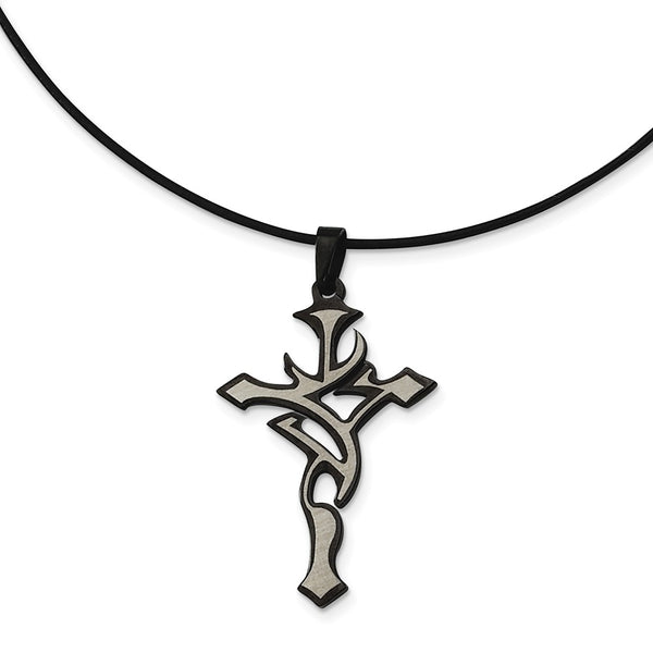 Stainless Steel Black Plated and Grey Accent Cross Necklace