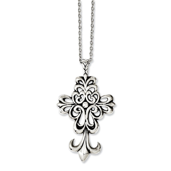 Stainless Steel Antiqued & Polished Cross 24in Necklace