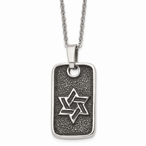 Stainless Steel Antiqued Star of David Dog Tag Necklace