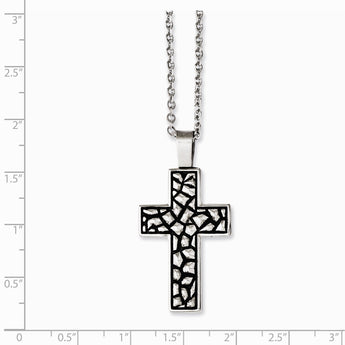 Stainless Steel Antiqued Pebble Cross Necklace