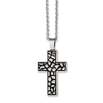 Stainless Steel Antiqued Pebble Cross Necklace