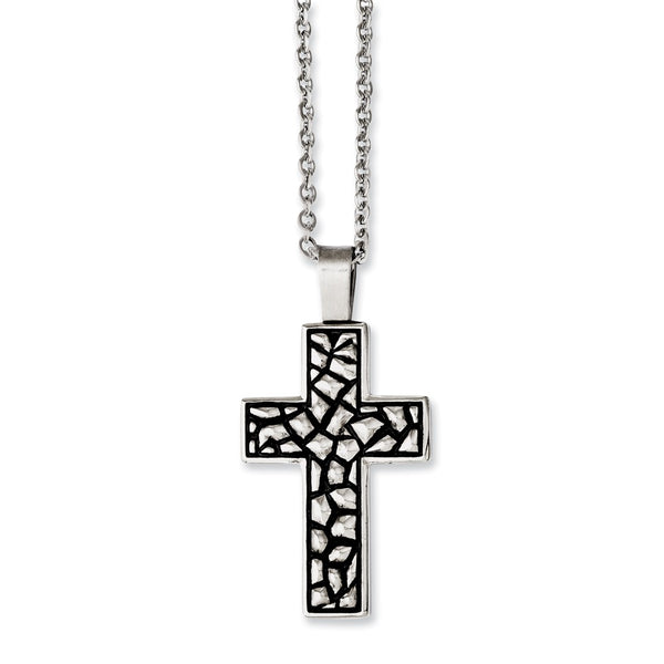 Stainless Steel Antiqued Pebble Cross Necklace