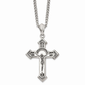 Stainless Steel Antiqued & Polished Crucifix 24in Necklace