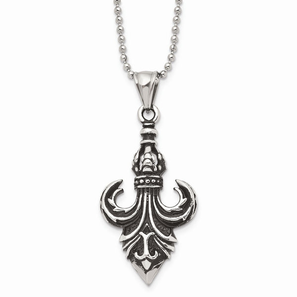 Stainless Steel Antiqued & Polished Fleur de lis Necklace