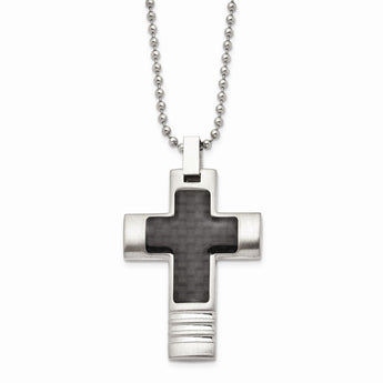 Stainless Steel Brushed & Polished w/Black CarbonFiber Inlay Cross Necklace