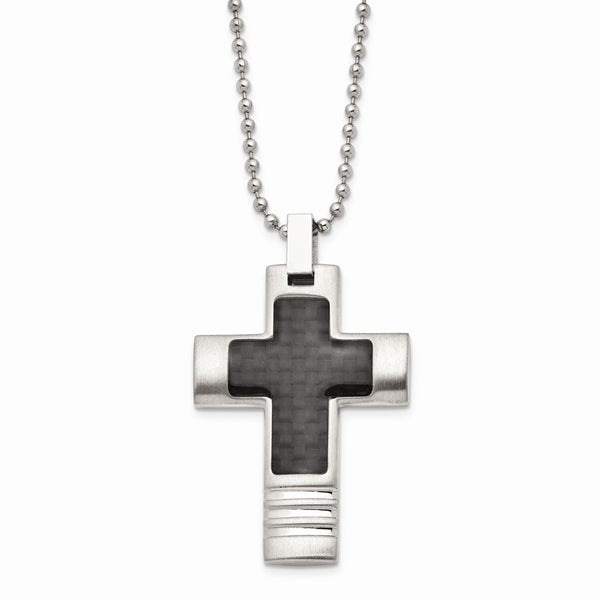 Stainless Steel Brushed & Polished w/Black CarbonFiber Inlay Cross Necklace