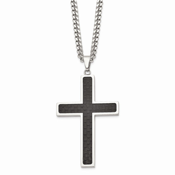 Stainless Steel Polished w/Black Carbon Fiber Cross 24in Necklace