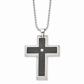 Stainless Steel Blk Carbon Fiber Inlay .01ct. Diamond Accent Cross Necklace