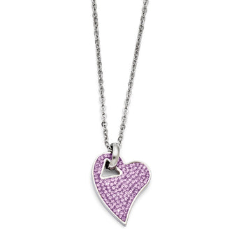 Stainless Steel Polished Light Purple Crystal Heart Pendant Necklace