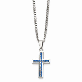 Stainless Steel Blue Carbon Fiber Inlay Polished Small Cross Necklace