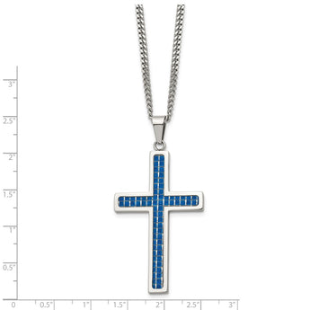 Stainless Steel Blue Carbon Fiber Inlay Polished Large Cross Necklace