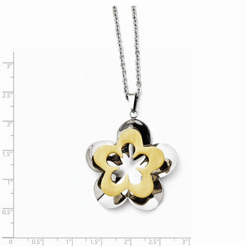 Stainless Steel Polished & Brushed Yellow IP-plated Flower Necklace