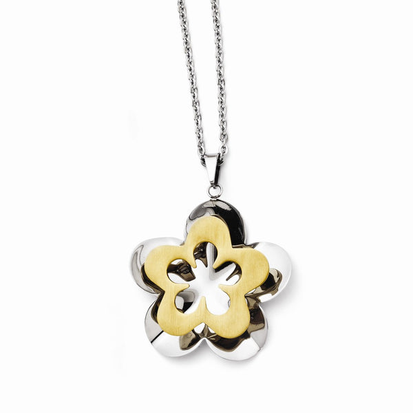 Stainless Steel Polished & Brushed Yellow IP-plated Flower Necklace