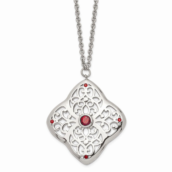 Stainless Steel Red CZ Square with 2in ext. Necklace