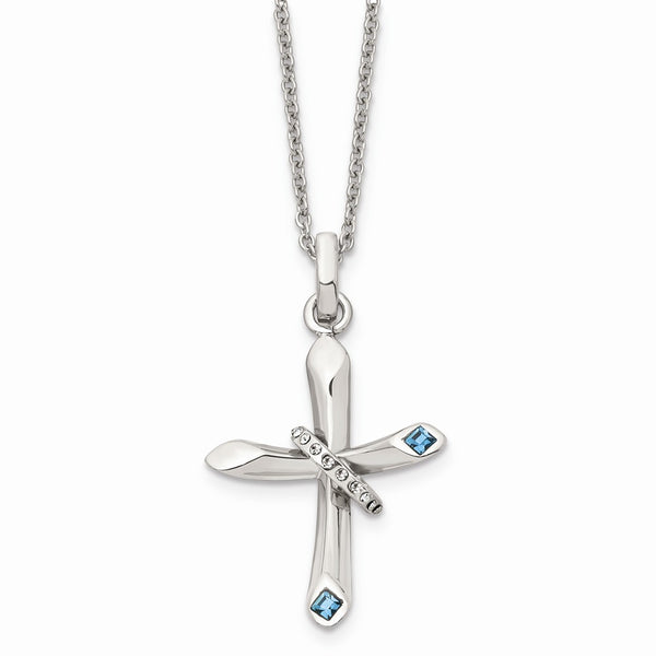 Stainless Steel Clear and Blue Crystal Cross Necklace