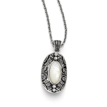 Stainless Steel Mother of Pearl and Crystal Antiqued Necklace