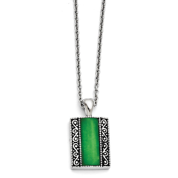 Stainless Steel Synthetic Jade Antiqued Rectangular Necklace