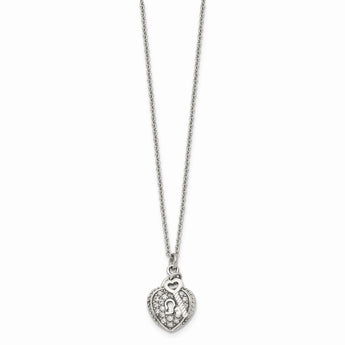 Stainless Steel CZ Heart Lock and Key Pendant Necklace