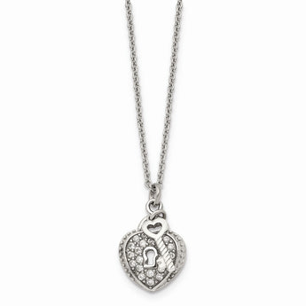 Stainless Steel CZ Heart Lock and Key Pendant Necklace