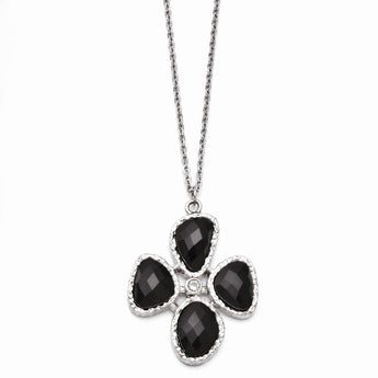 Stainless Steel CZ and Black Onyx Textured Necklace